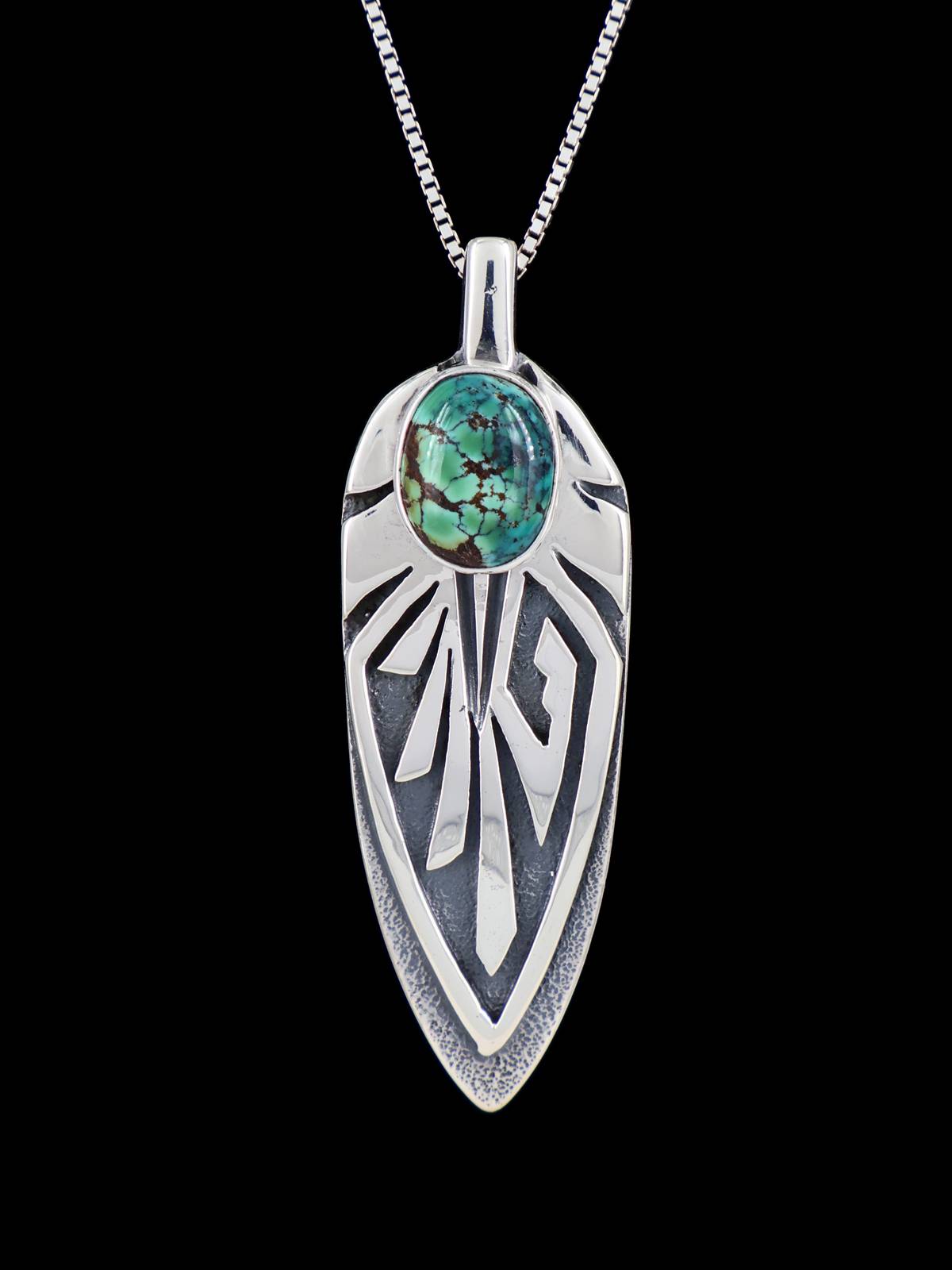 Navajo Sterling Silver Cloud Mountain Turquoise Feather Pendant - PuebloDirect.com