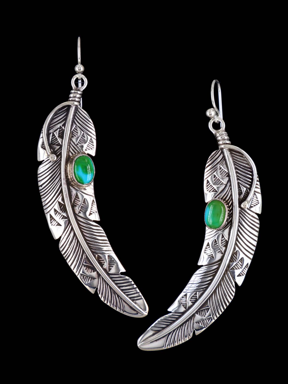 Native American Sonoran Gold Turquoise Dangle Feather Earrings - PuebloDirect.com