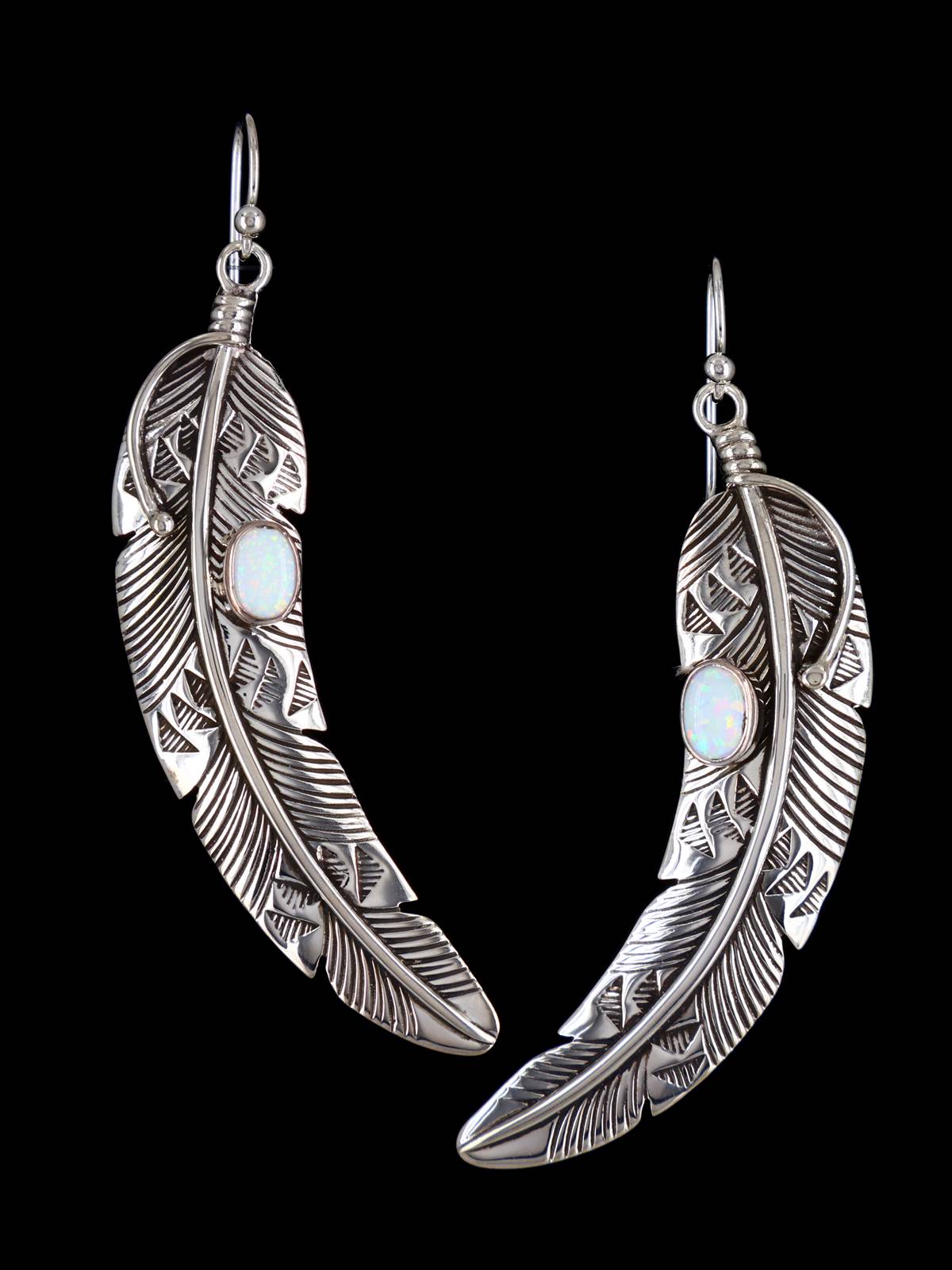 Native American Opal Dangle Feather Earrings - PuebloDirect.com