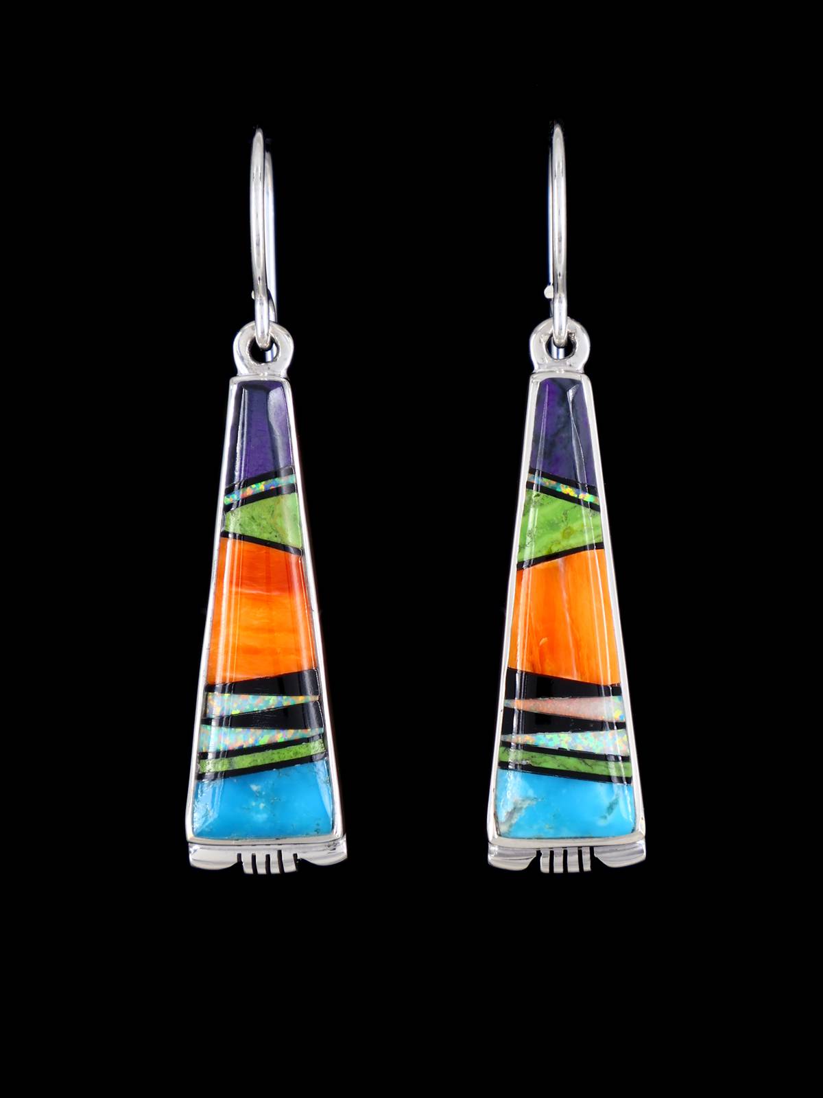 Navajo Multistone Sterling Silver Inlay Dangle Earrings - PuebloDirect.com