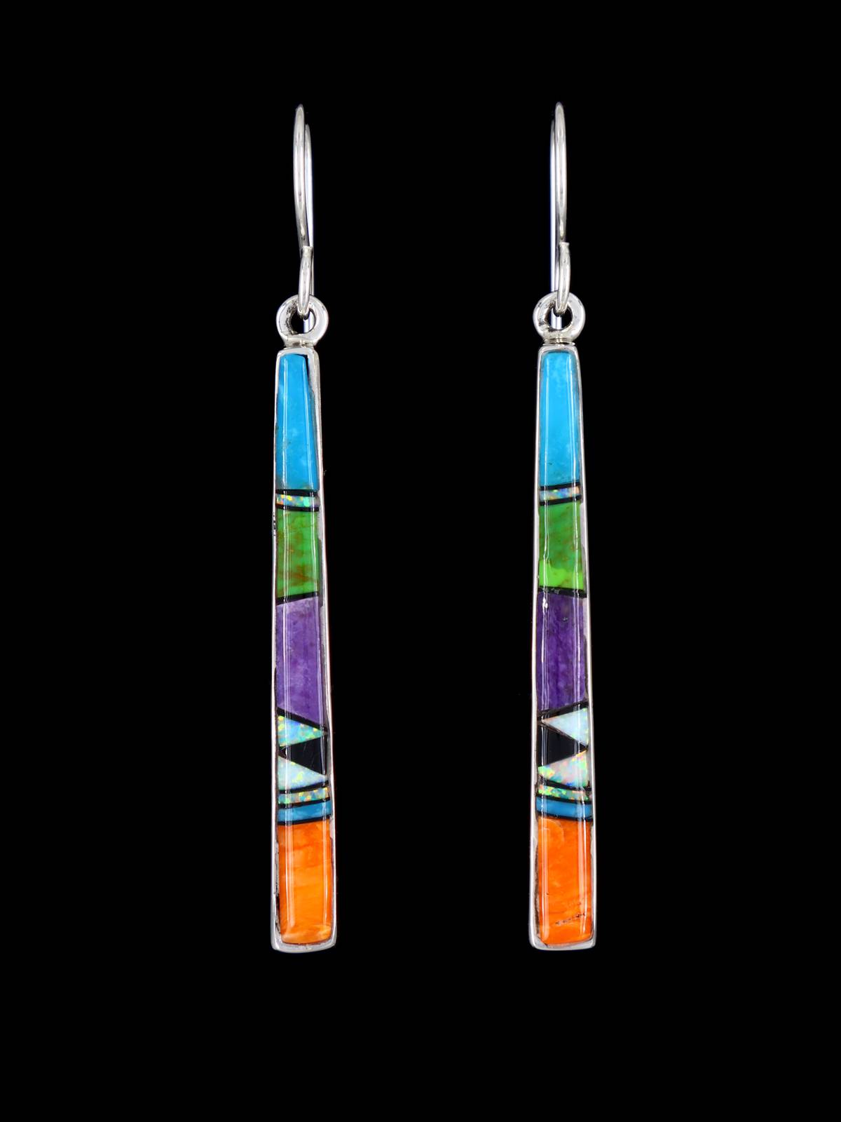 Navajo Multistone Sterling Silver Inlay Dangle Earrings - PuebloDirect.com
