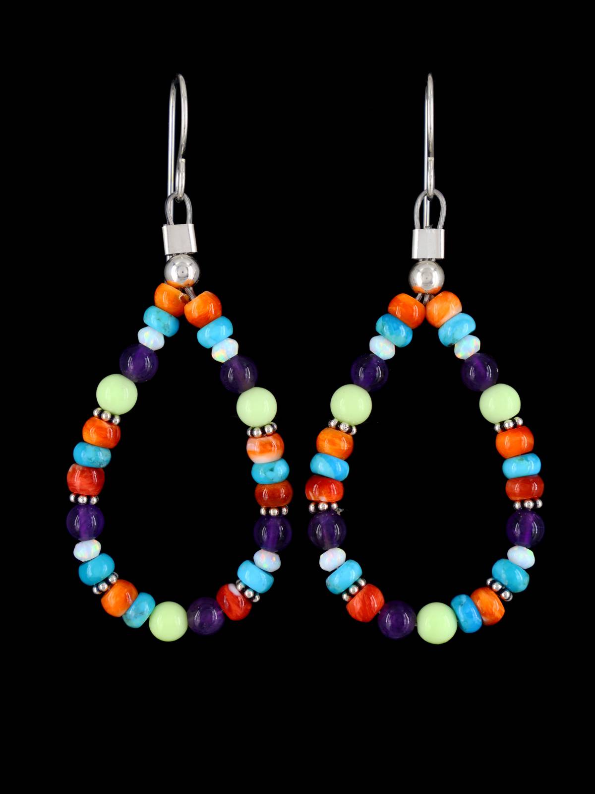 Navajo Spiny Oyster and Turquoise Beaded Dangle Earrings - PuebloDirect.com