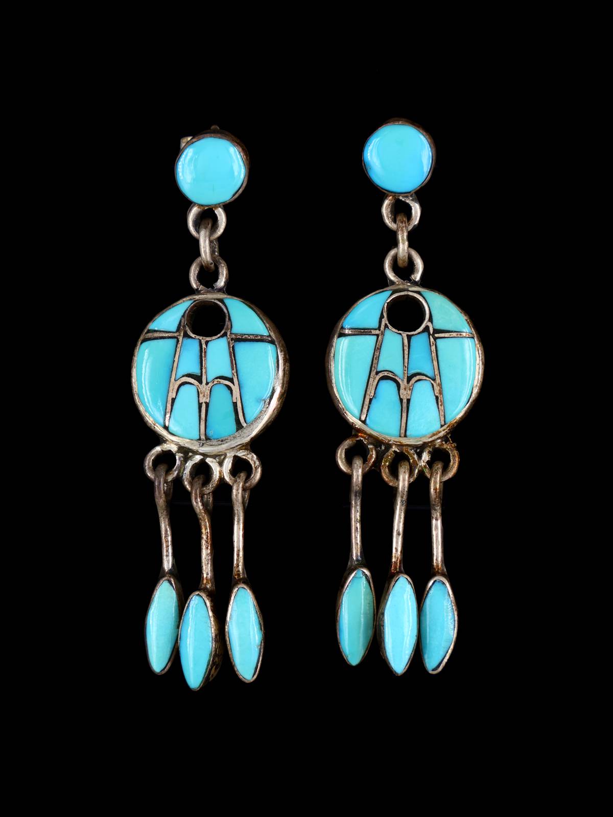 Vintage Native American Turquoise Zuni Inlay Post Dangle Earrings - PuebloDirect.com