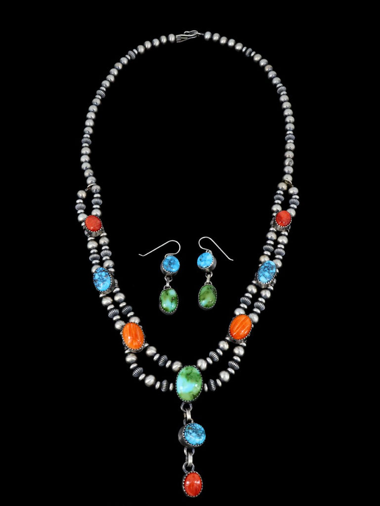 Navajo Spiny Oyster and Turquoise Necklace and Earring Set - PuebloDirect.com