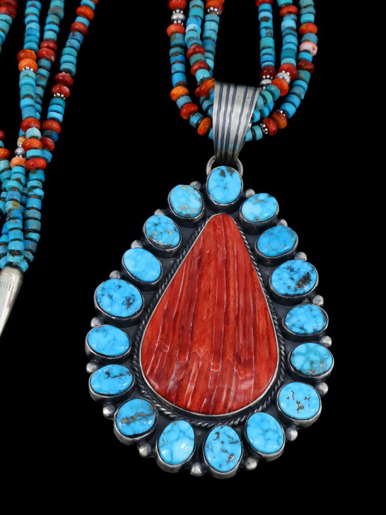 Spiny Oyster and Turquoise Navajo Sterling Silver Pendant With Beads - PuebloDirect.com
