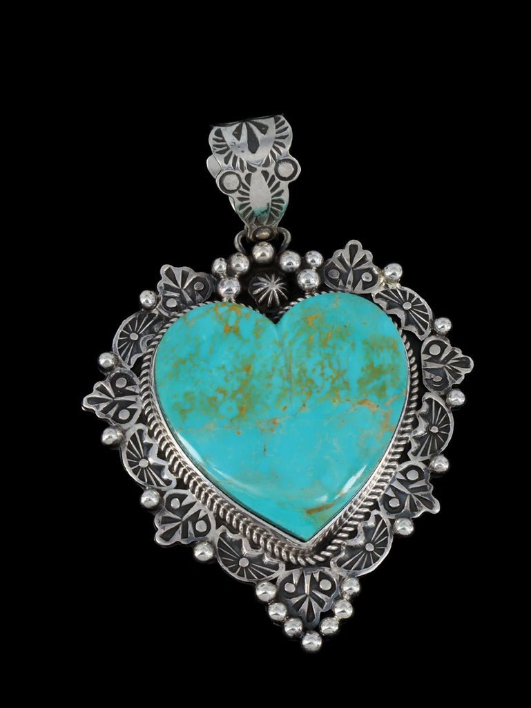 Large Native American Jewelry Kingman Turquoise Heart Pendant - PuebloDirect.com