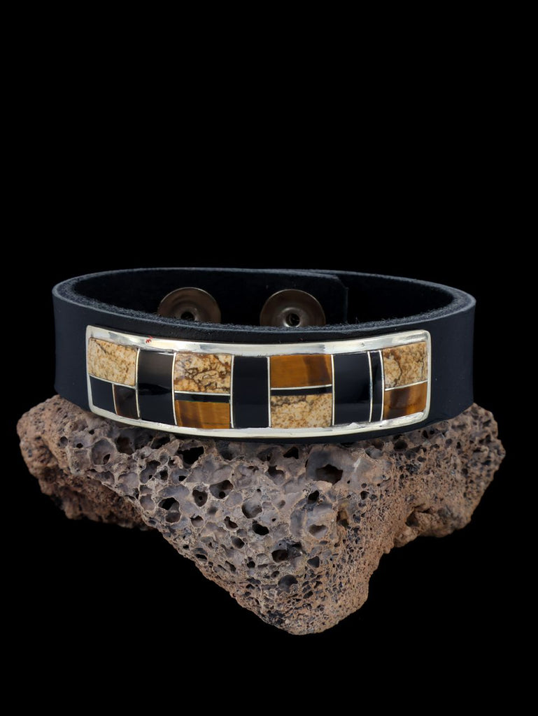 Native American Inlay Onyx and Tiger Eye Leather Bracelet - PuebloDirect.com