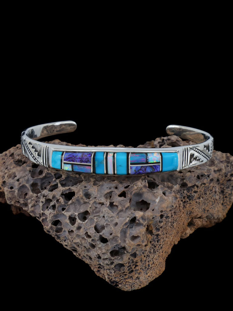 Native American Sterling Monarch Opal and Turquoise Inlay Cuff Bracelet - PuebloDirect.com