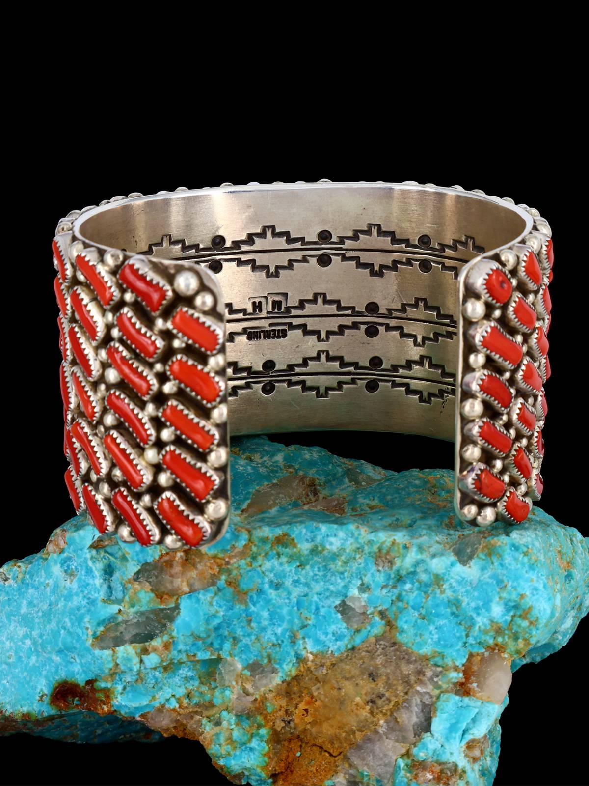 Navajo Natural Coral Cluster Sterling Silver Cuff Bracelet - PuebloDirect.com