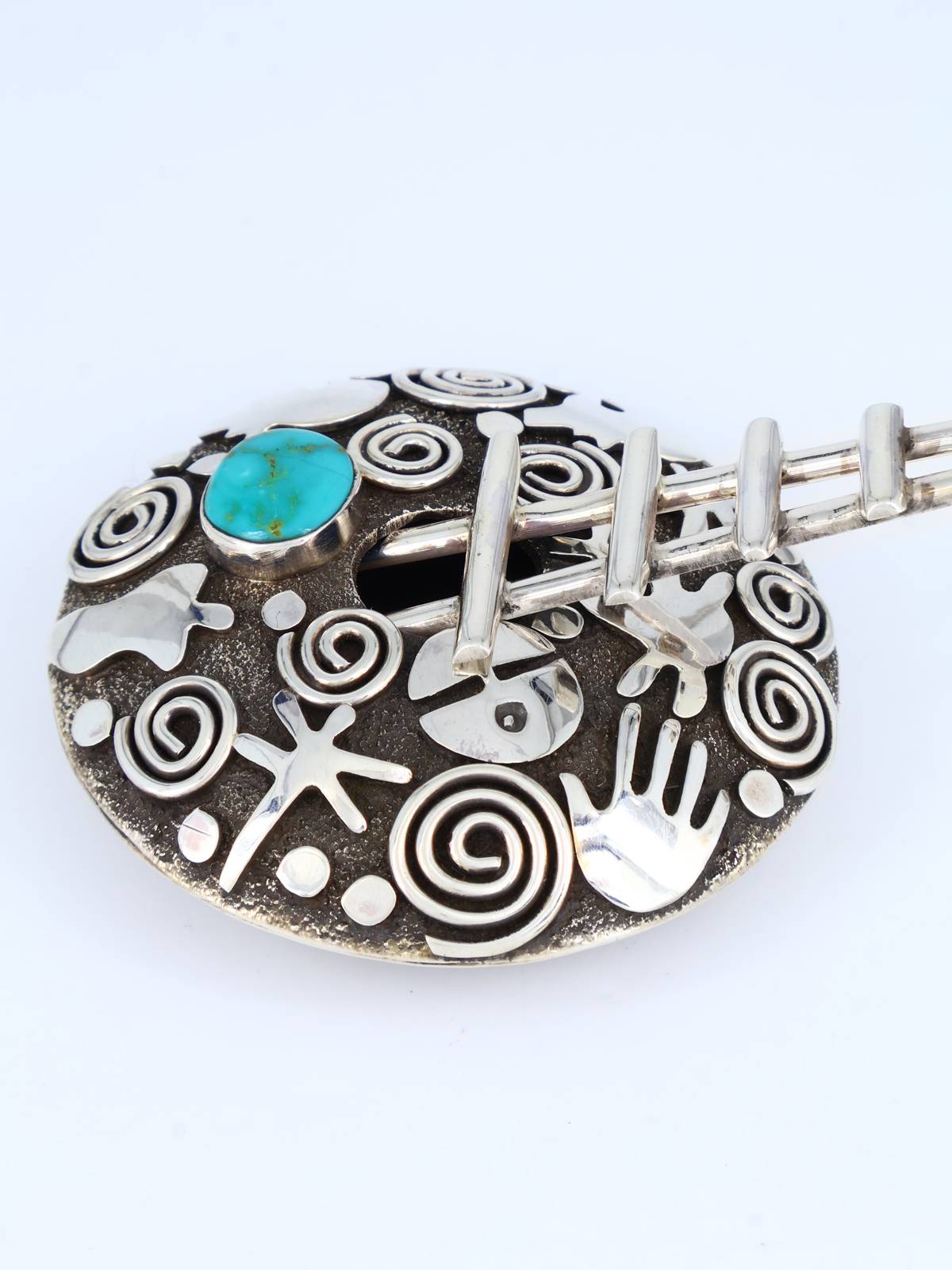 Navajo Turquoise Sterling Silver Petroglyph Seed Pot with Ladder - PuebloDirect.com