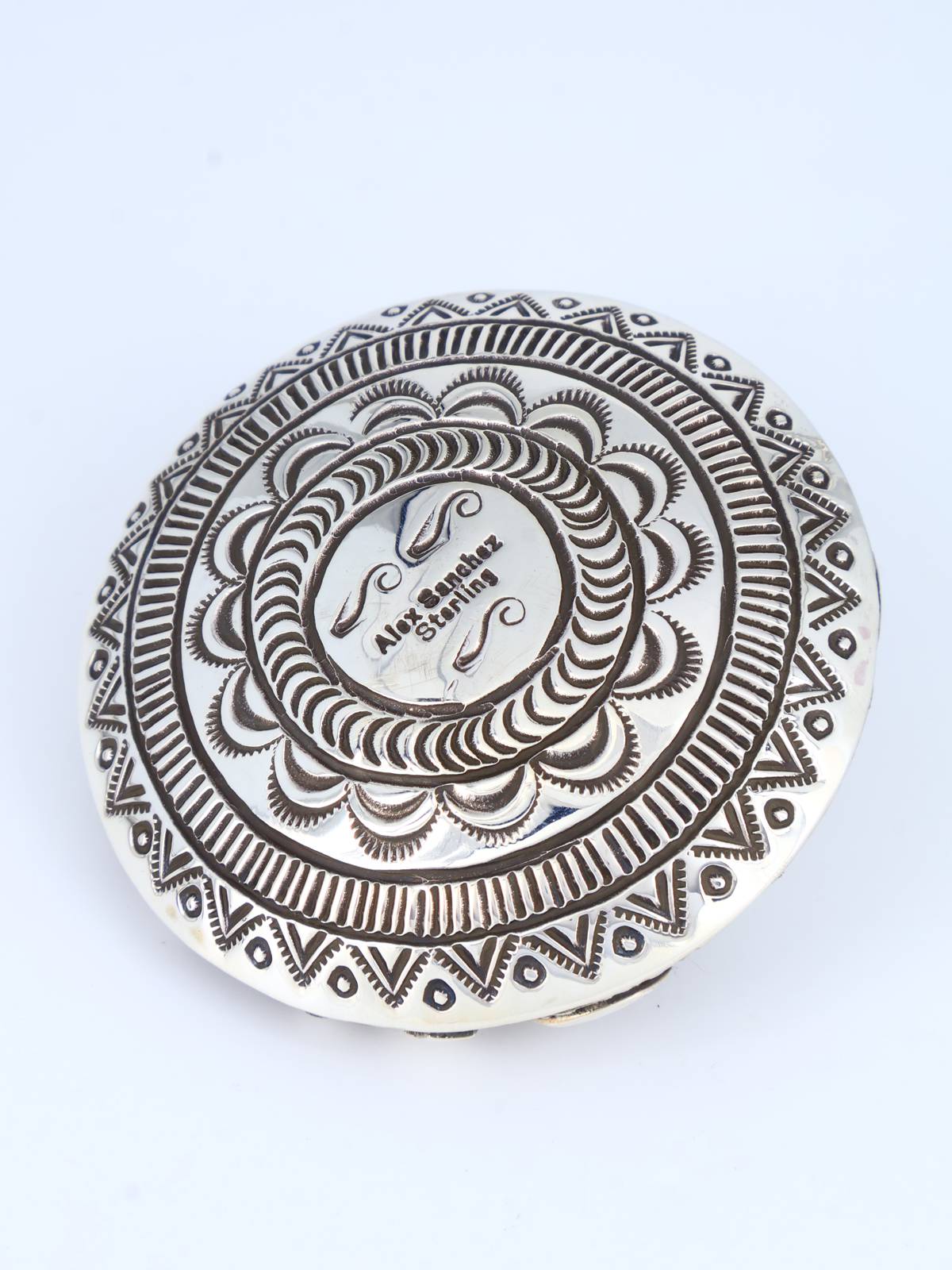 Navajo Turquoise Sterling Silver Petroglyph Seed Pot with Ladder - PuebloDirect.com