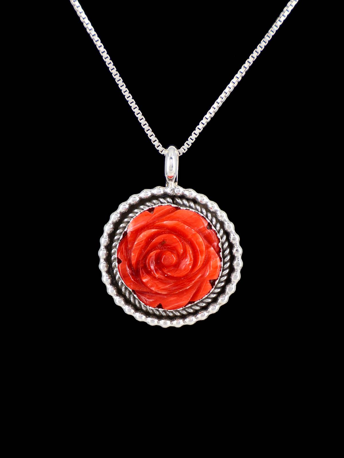 Carved Flower Spiny Oyster Navajo Sterling Silver Pendant