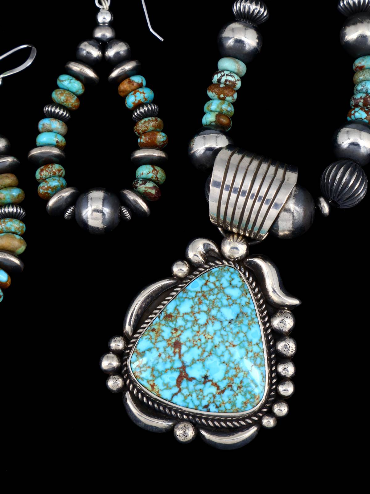 Native American Kingman Turquoise Sterling Silver Beaded Necklace and Earring Set