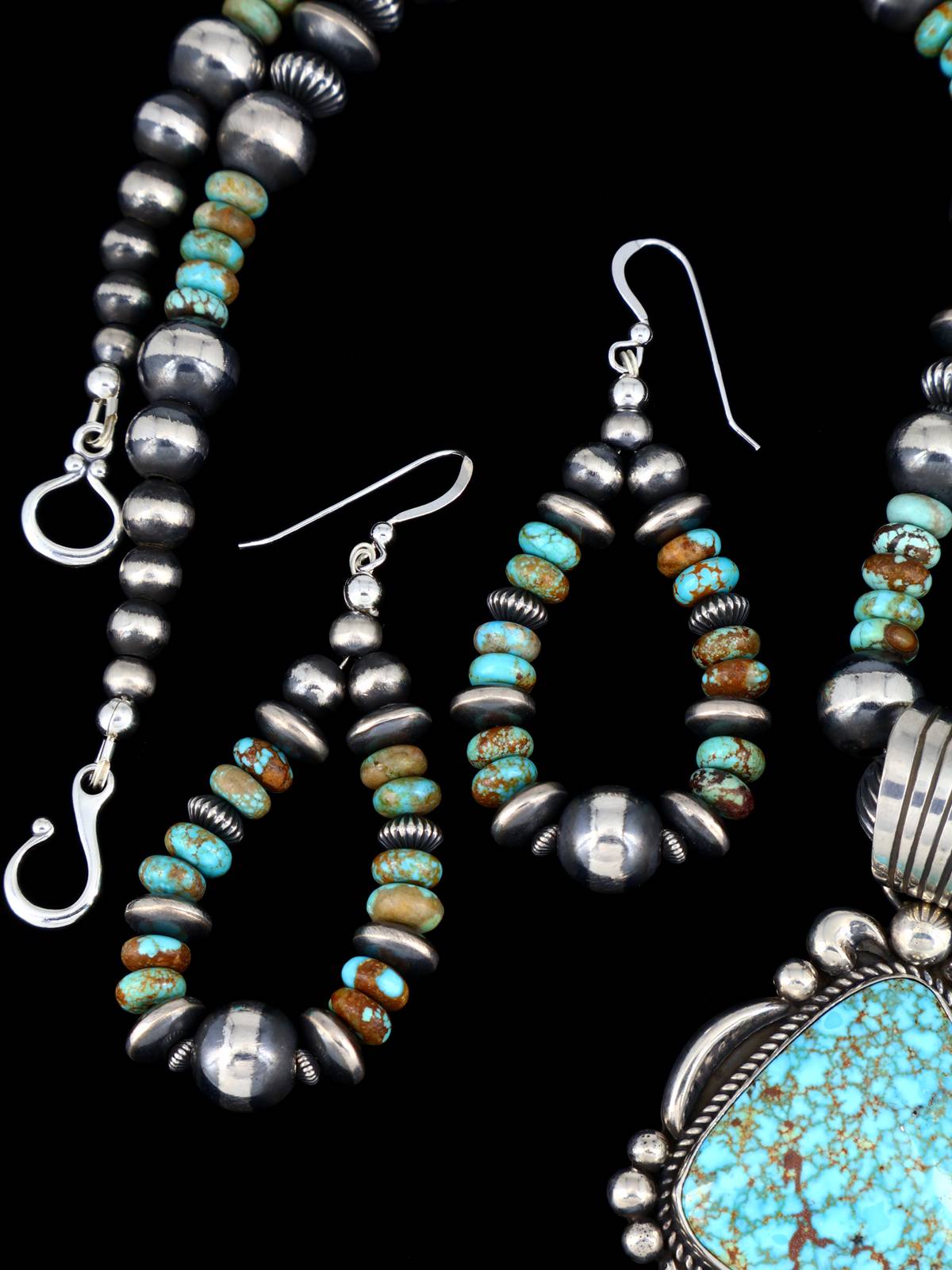 Native American Kingman Turquoise Sterling Silver Beaded Necklace and Earring Set