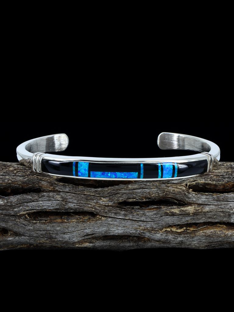 Native American Indian Black Jade and Opalite Inlay Cuff Bracelet - PuebloDirect.com