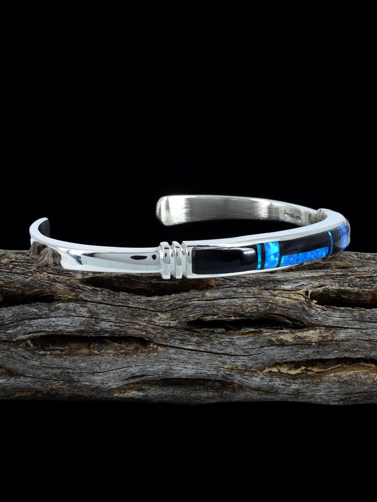 Native American Indian Black Jade and Opalite Inlay Cuff Bracelet - PuebloDirect.com