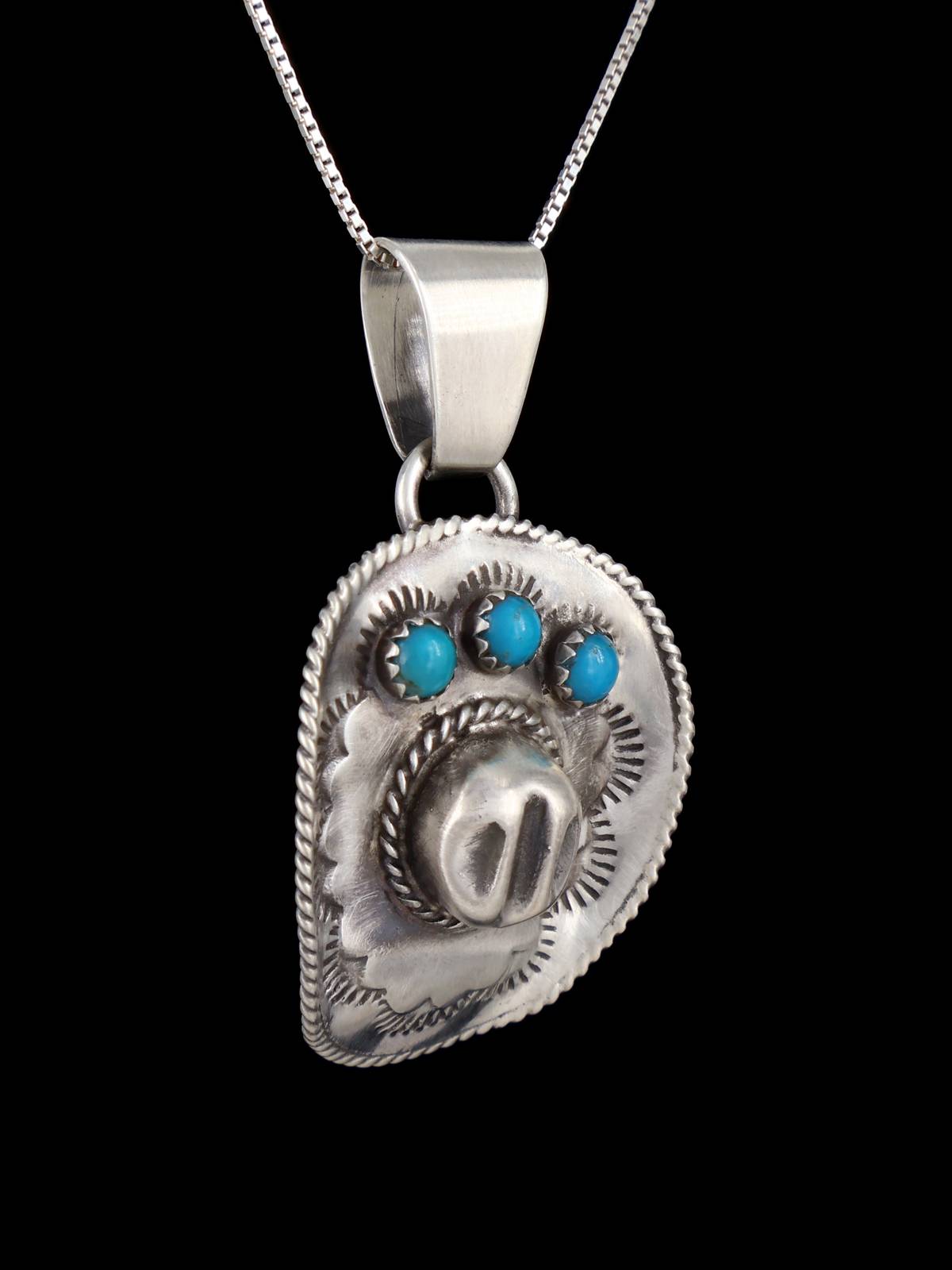 Navajo Necklace Sterling Silver Turquoise Cowboy Hat Pendant - PuebloDirect.com