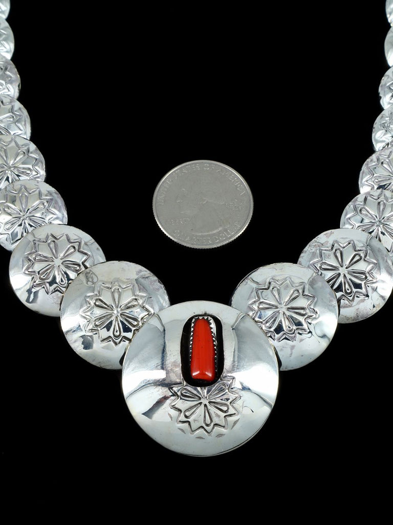 Navajo Coral Accented Stamped Sterling Silver Graduated Disk Necklace Set - PuebloDirect.com