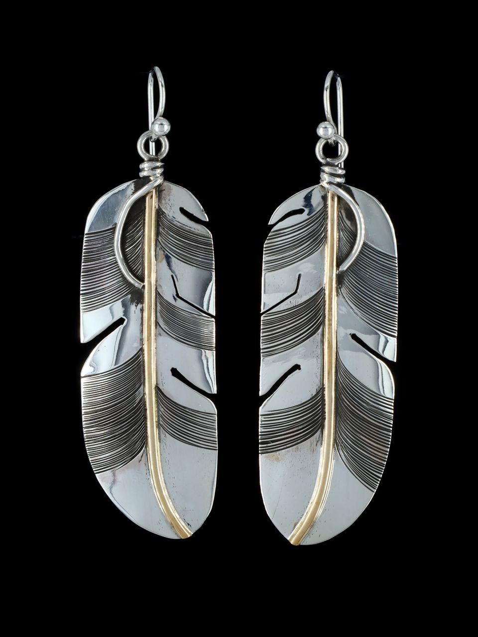 Navajo Sterling Silver 12kt Gold Fill Feather Dangle Earrings - PuebloDirect.com