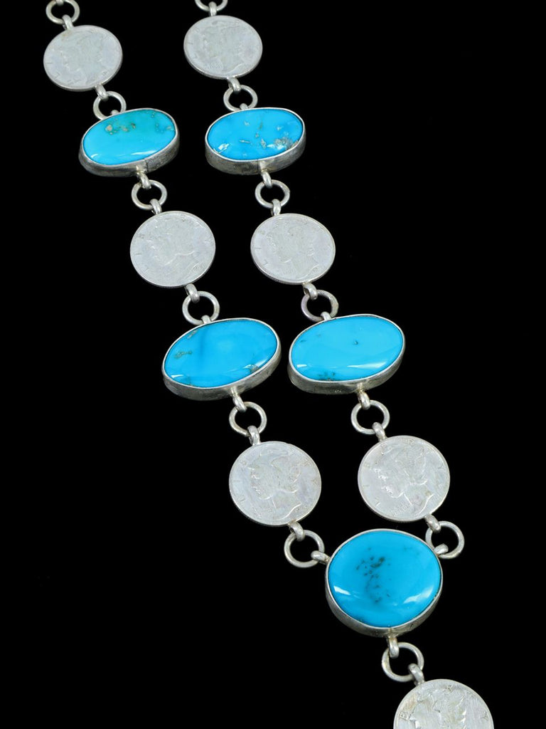 Native American Sterling Silver Turquoise and Mercury Dime Lariat Necklace Set - PuebloDirect.com