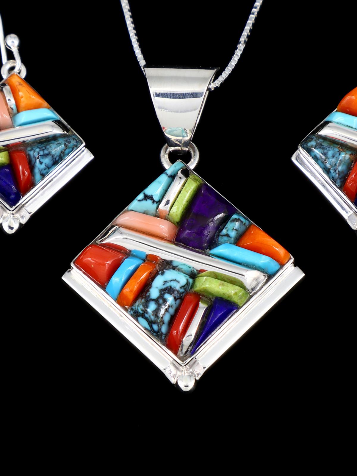 Multistone Navajo Cobblestone Inlay Sterling Silver Pendant and Earrings Set - PuebloDirect.com
