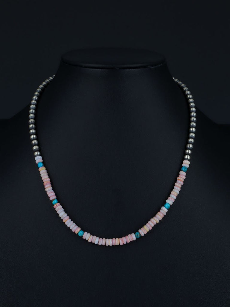 18" Navajo Jewelry Single Strand Turquoise and Pink Conch Sterling Silver Beaded Necklace - PuebloDirect.com