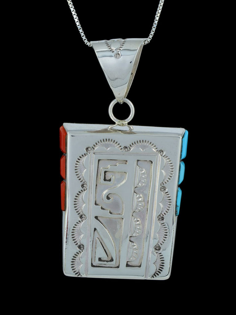 Native American Jewelry Turquoise and Coral Overlay Pendant - PuebloDirect.com