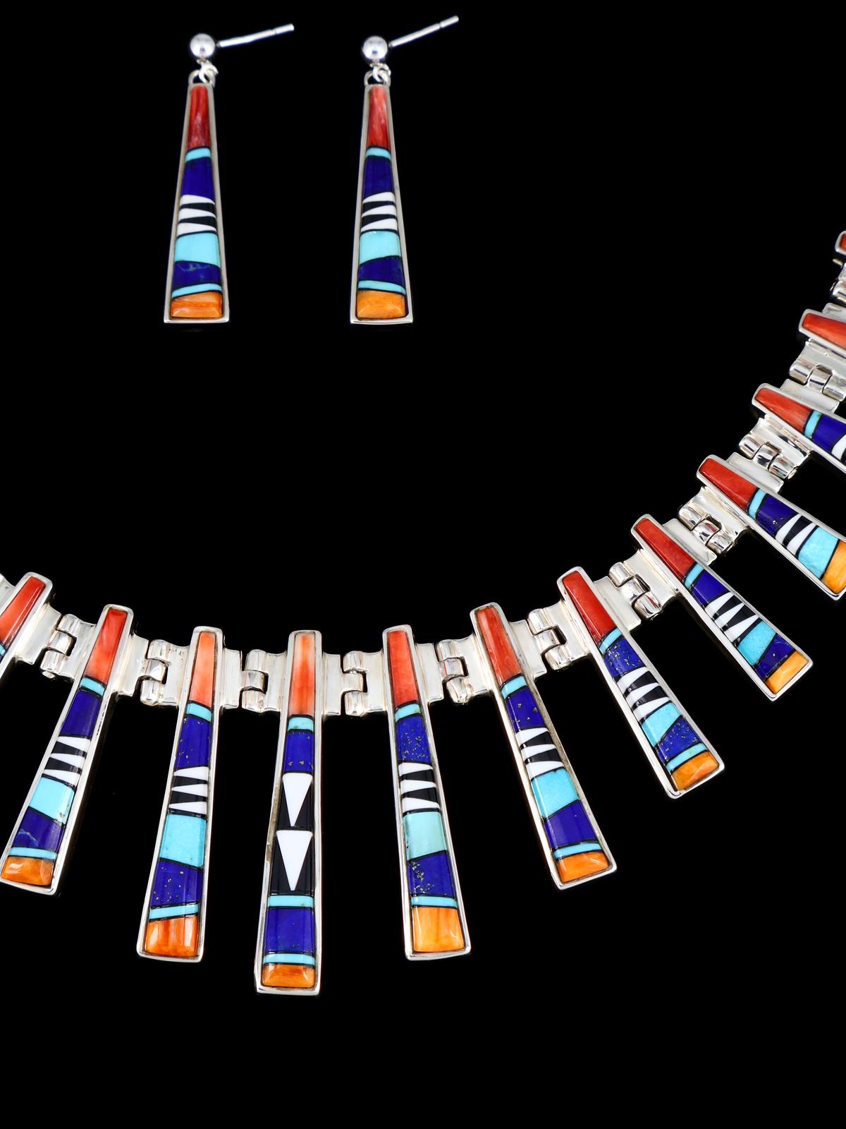 Navajo Spiny Oyster and Turquoise Inlay Sterling Silver Link Necklace Set