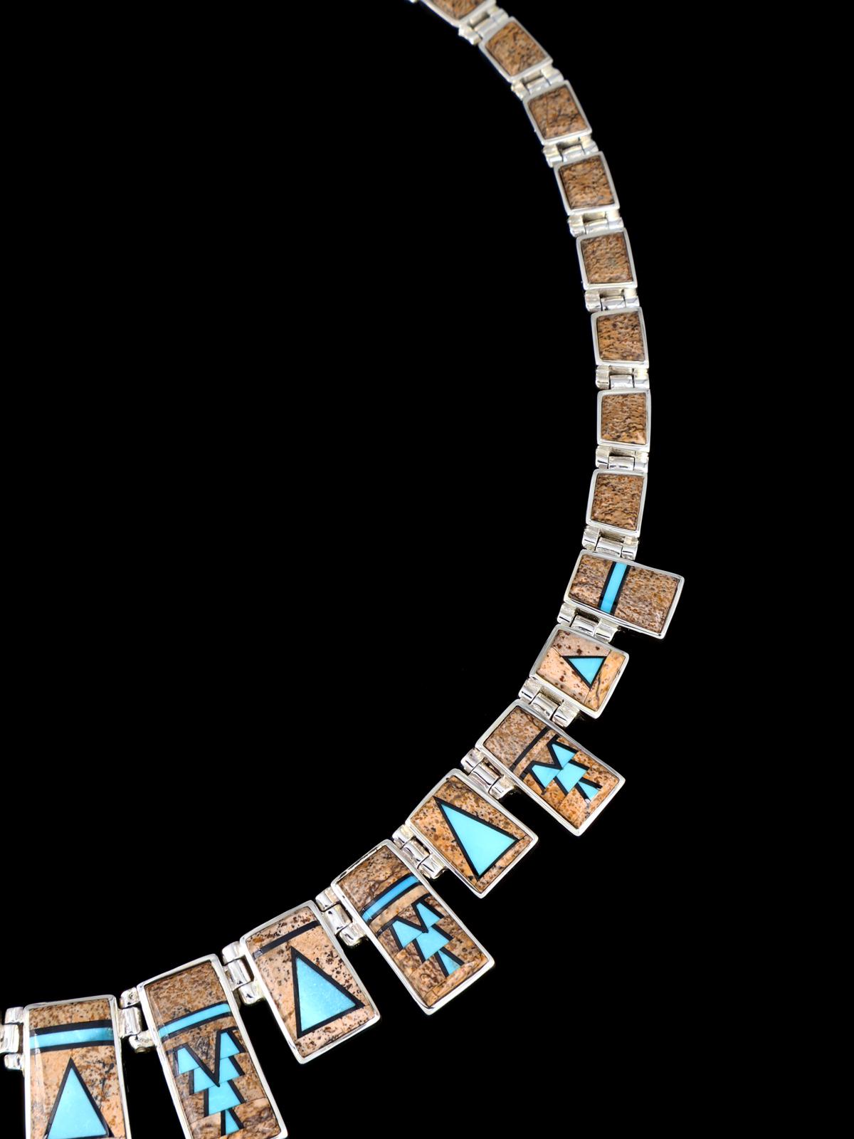 Navajo Jasper and Turquoise Inlay Sterling Silver Link Necklace Set