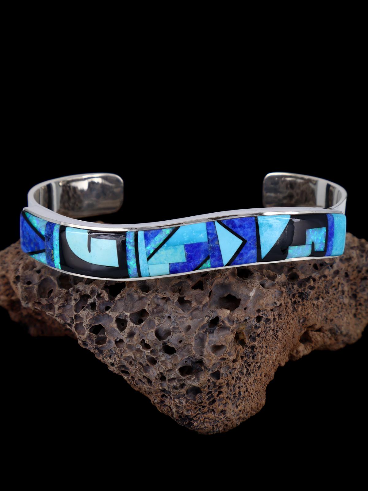 Navajo Sterling Silver Turquoise and Lapis Inlay Bracelet