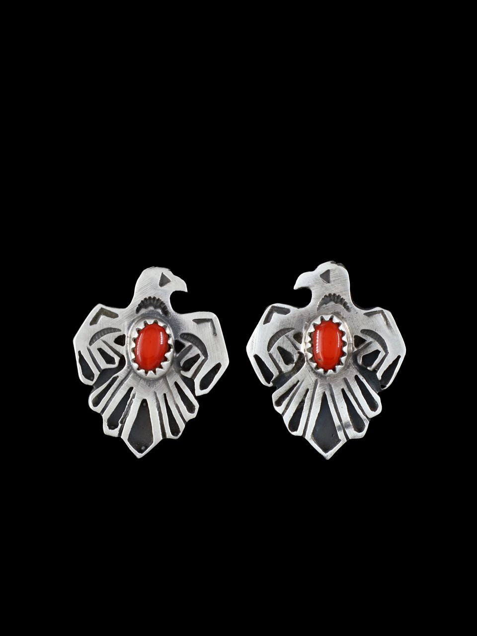Navajo Thunderbird Overlay Post Coral Earrings - PuebloDirect.com