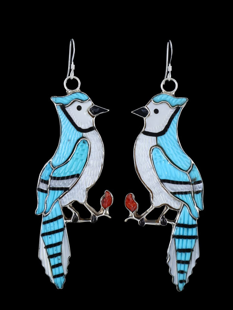 Zuni Inlay Sterling Silver Bluejay Inlay Dangle Earrings - PuebloDirect.com