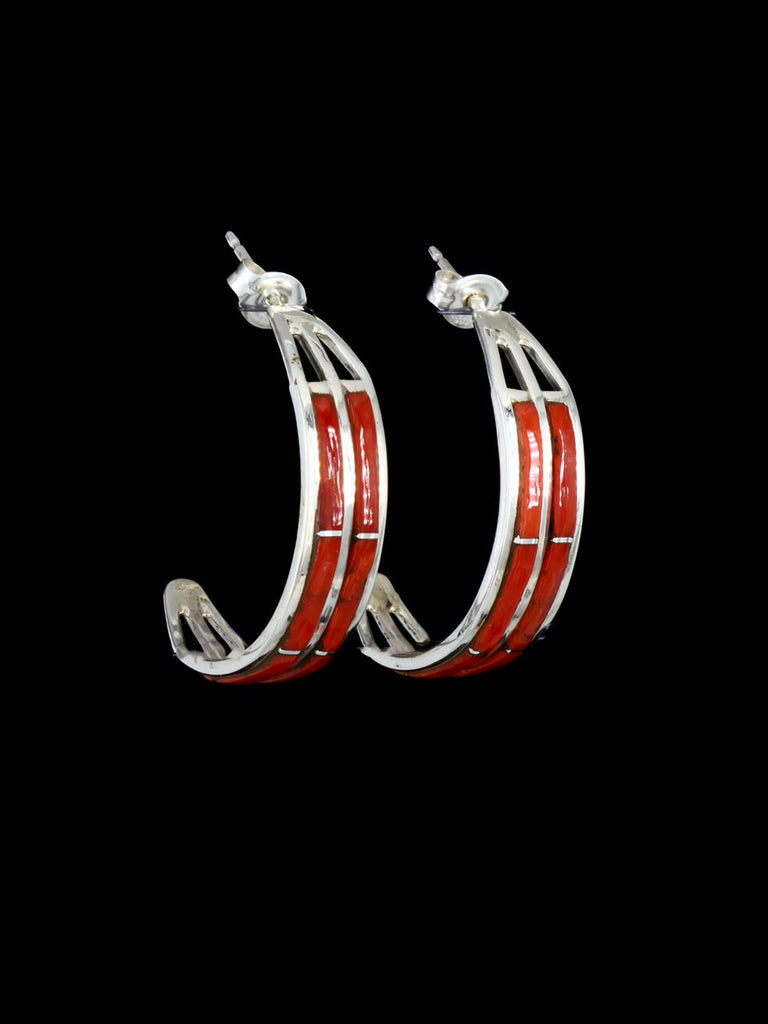 Zuni Inlay Coral Inlay Hoop Earrings - PuebloDirect.com