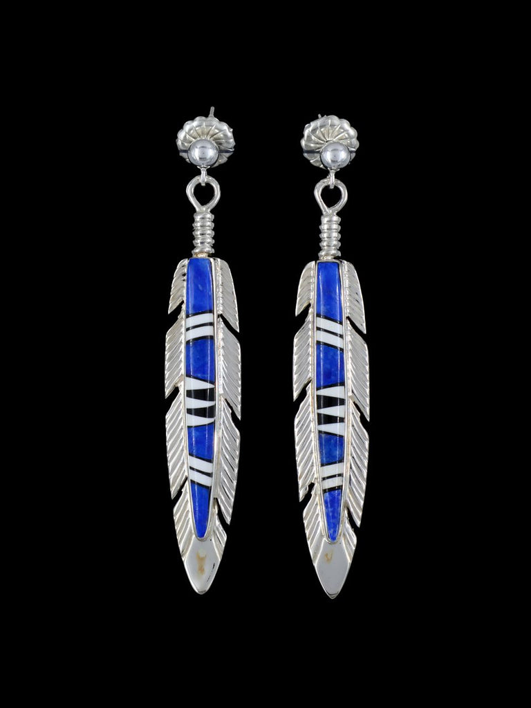 Native American Inlay Lapis Feather Earrings - PuebloDirect.com