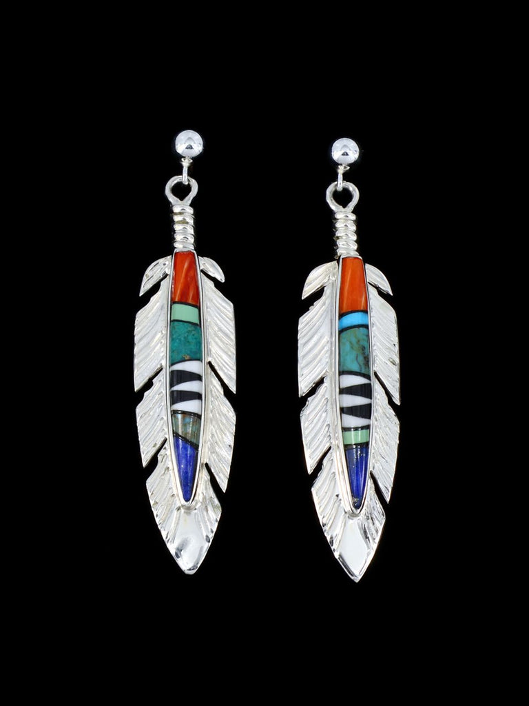 Native American Inlay Multi Stone Feather Earrings - PuebloDirect.com