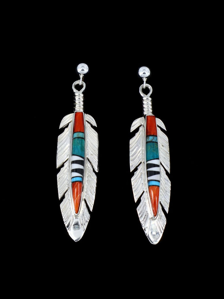 Native American Inlay Multi Stone Feather Earrings - PuebloDirect.com