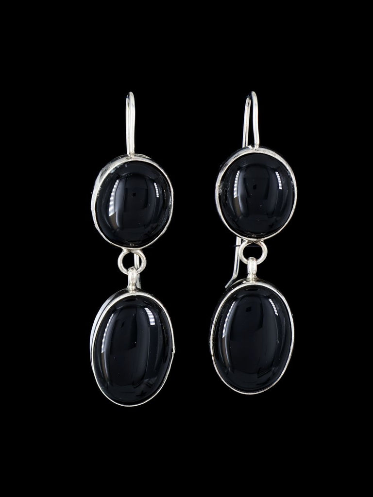 Navajo Black Onyx Sterling Silver Dangle Earrings - PuebloDirect.com