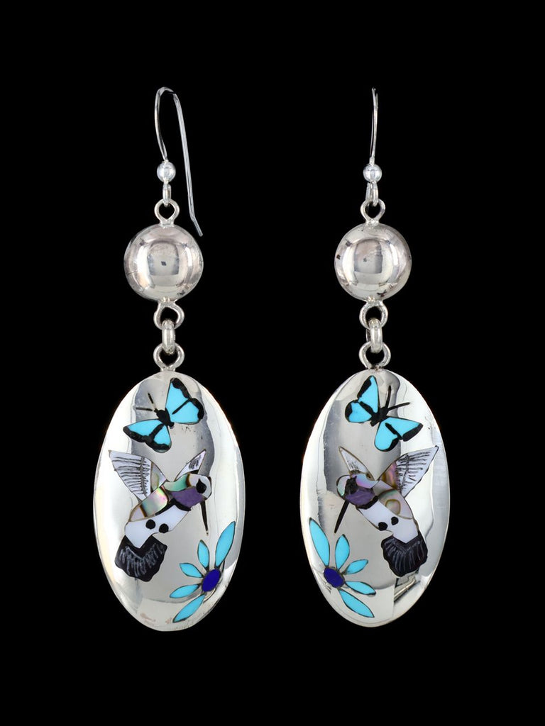 Zuni Inlay Sterling Silver Hummingbird Inlay Dangle Earrings - PuebloDirect.com