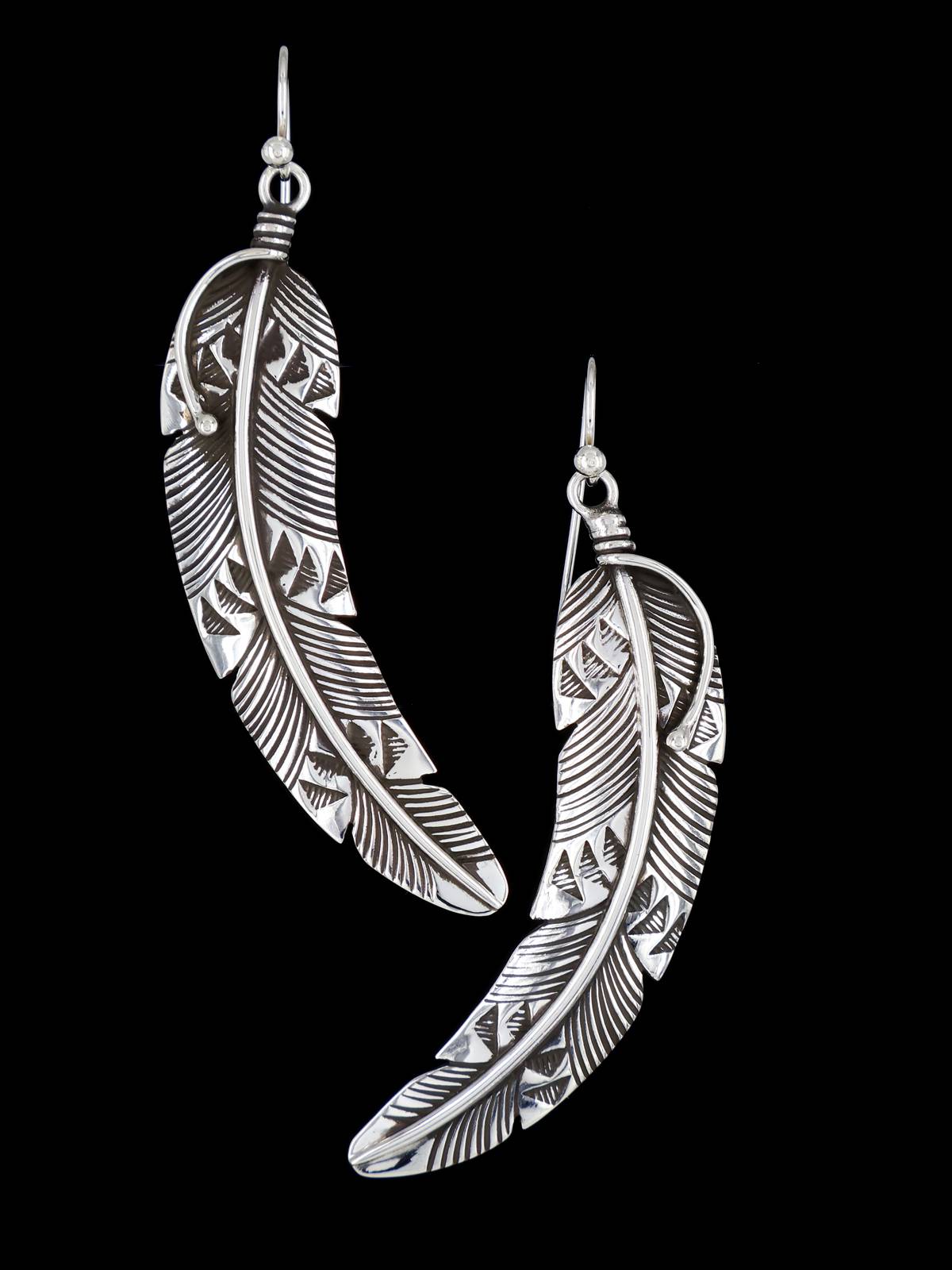 Native American Sterling Silver Dangle Feather Earrings - PuebloDirect.com