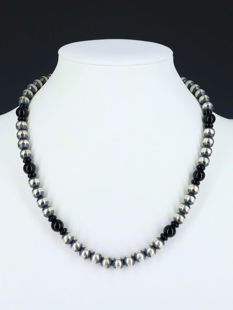 18" Native American Onyx and Sterling Silver Beaded Choker Necklace - PuebloDirect.com