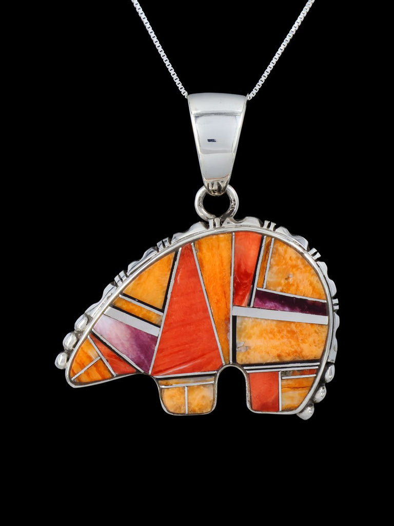Navajo Sterling Silver Spiny Oyster Bear Inlay Pendant - PuebloDirect.com