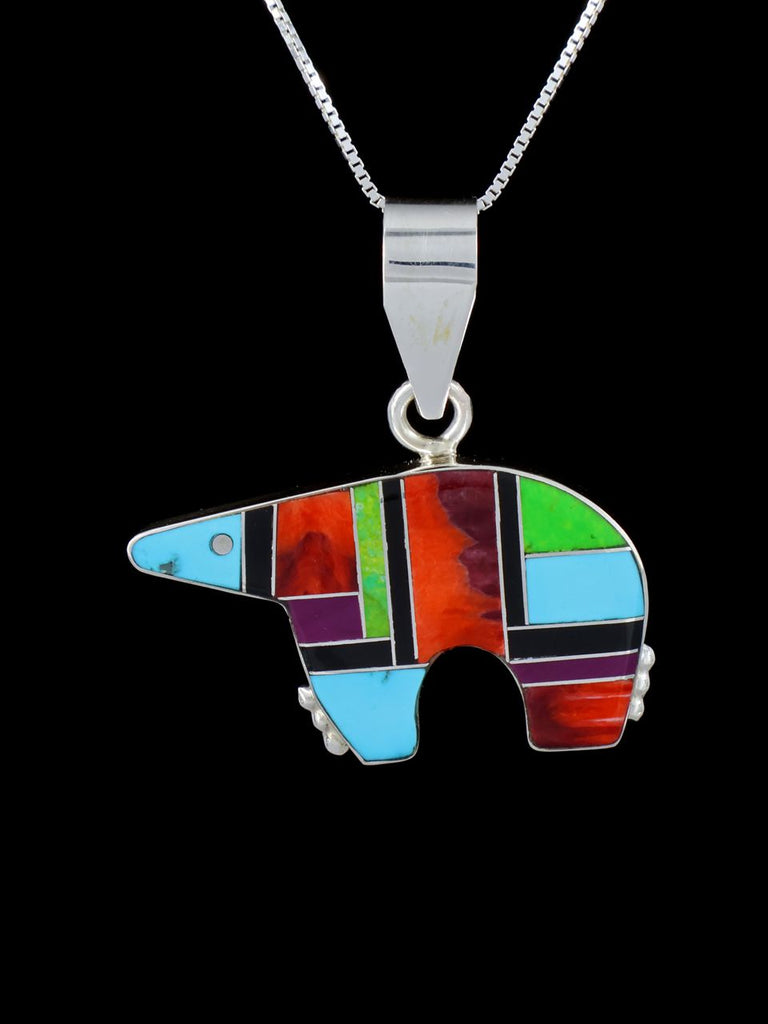 Navajo Sterling Silver Turquoise and Spiny Oyster Bear Inlay Pendant - PuebloDirect.com