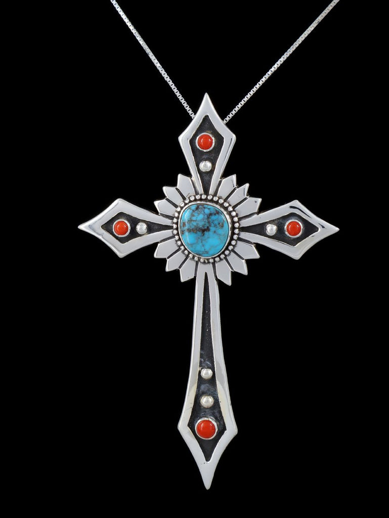 Native American Coral and Turquoise Cross Sterling Silver Pin/Pendant - PuebloDirect.com