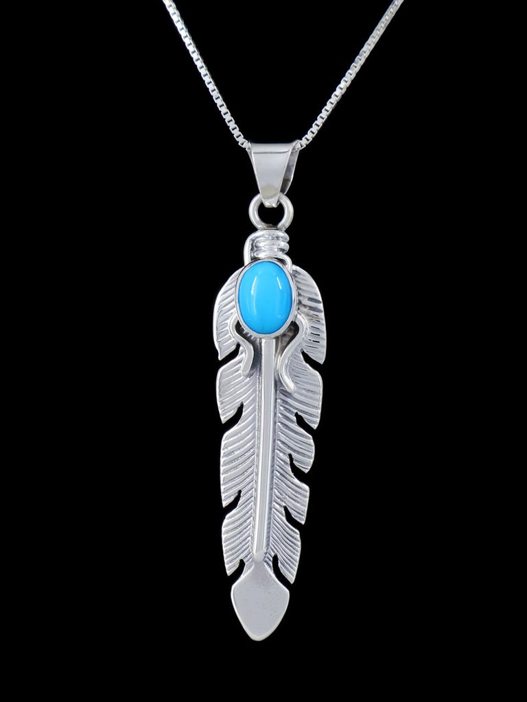Navajo Crafted Sterling Silver Sleeping Beauty Turquoise Feather Pendant - PuebloDirect.com