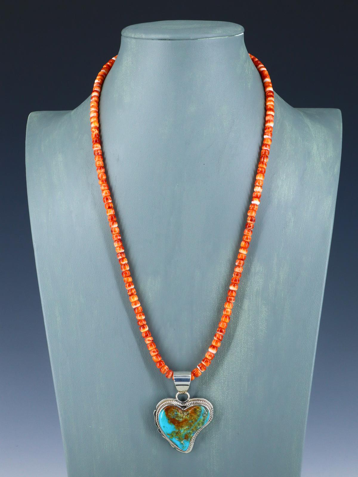 Native American Jewelry Turquoise Heart and Spiny Oyster Necklace - PuebloDirect.com
