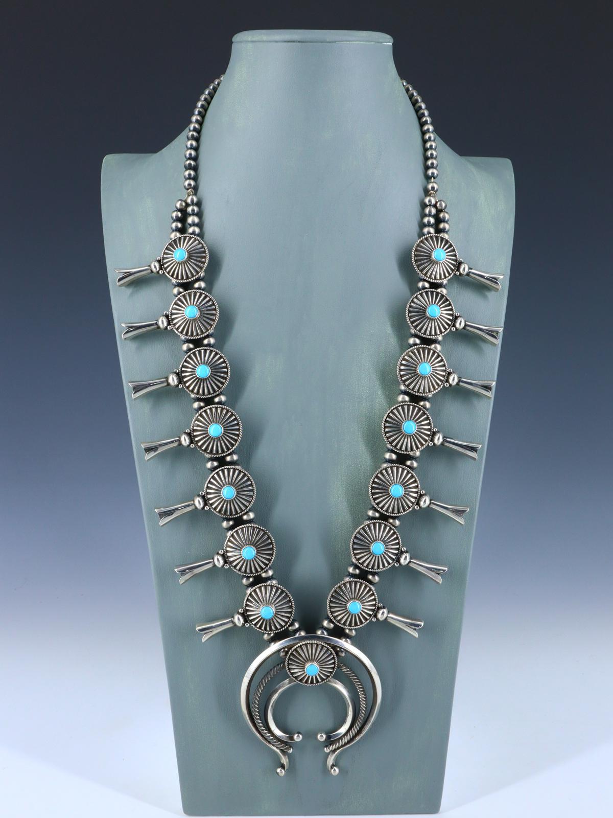 Juego de collar de flor de calabaza de ónix negro de plata de ley de nativos americanos