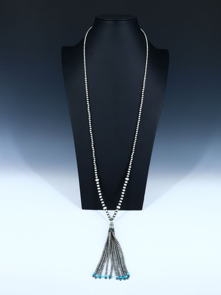 Native American Sterling Silver and Turquoise Beaded Lariat Necklace - PuebloDirect.com