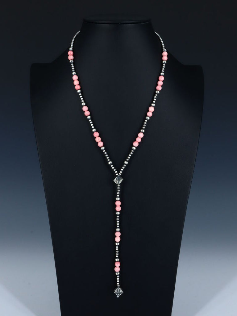 Native American Pink Conch and Silver Bead Lariat Necklace - PuebloDirect.com