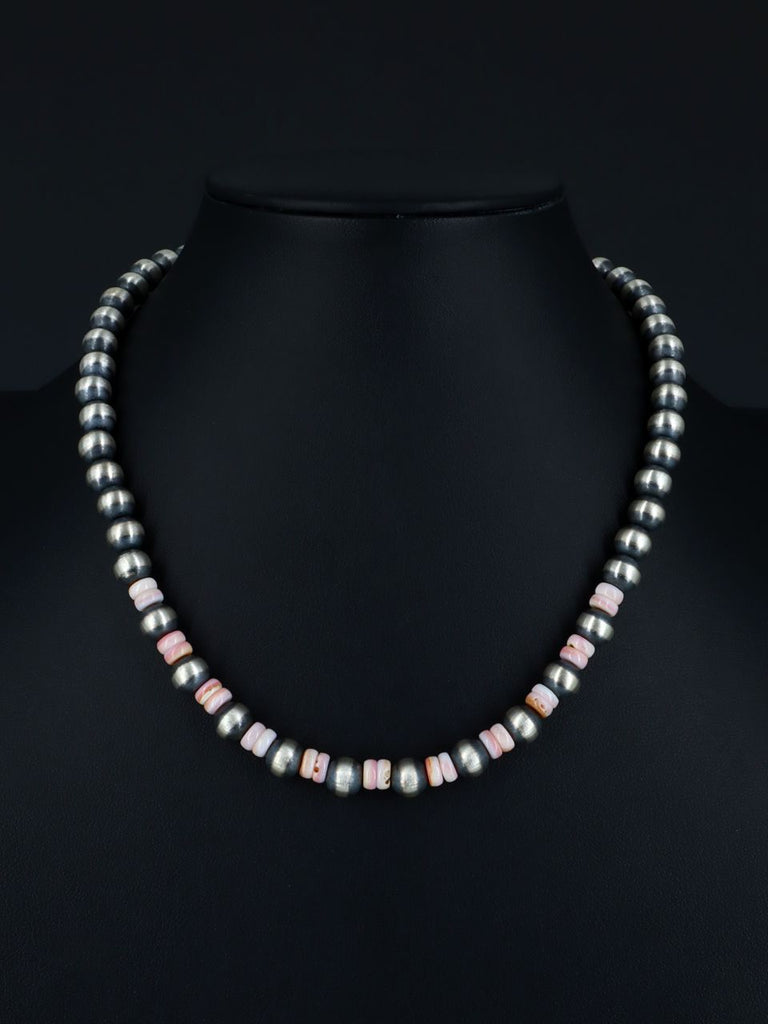 17" Navajo Jewelry Pink Conch Sterling Silver Beaded Necklace - PuebloDirect.com