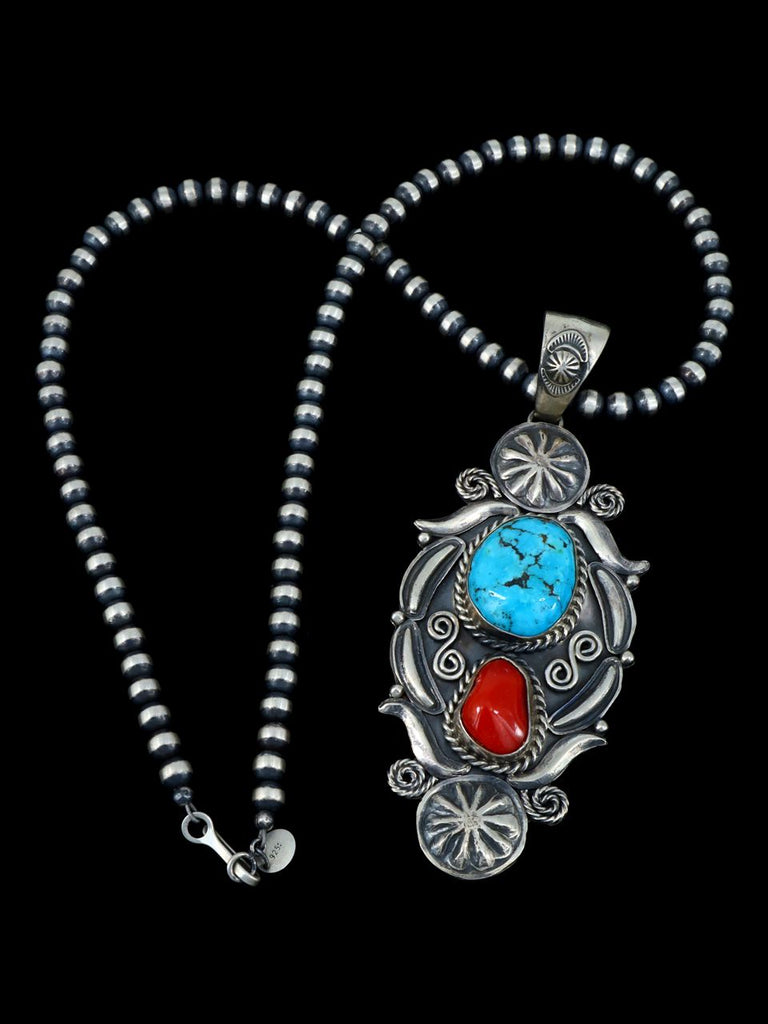 Native American Turquoise and Coral Pendant With Beaded Necklace - PuebloDirect.com